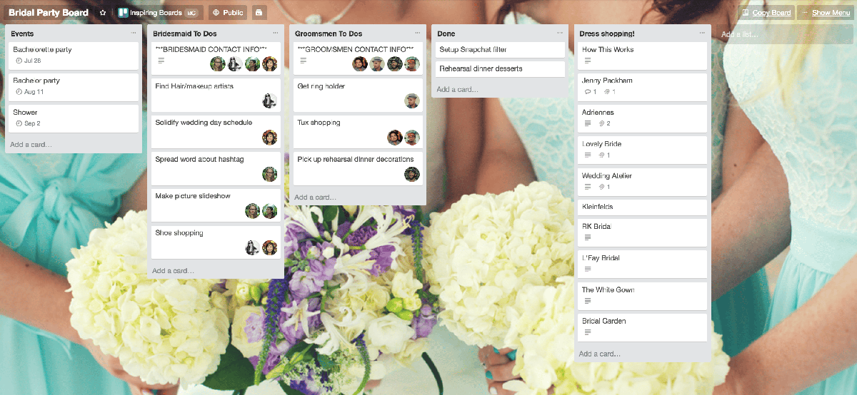 Trello for wedding planning screenshot